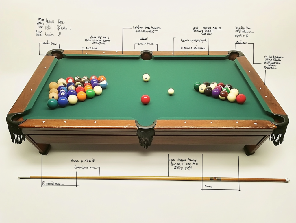 A high-quality photograph detailing a classic green pool table, complete with colored billiard balls arranged in a triangle. The cue stick rests on the side, ready for a game.