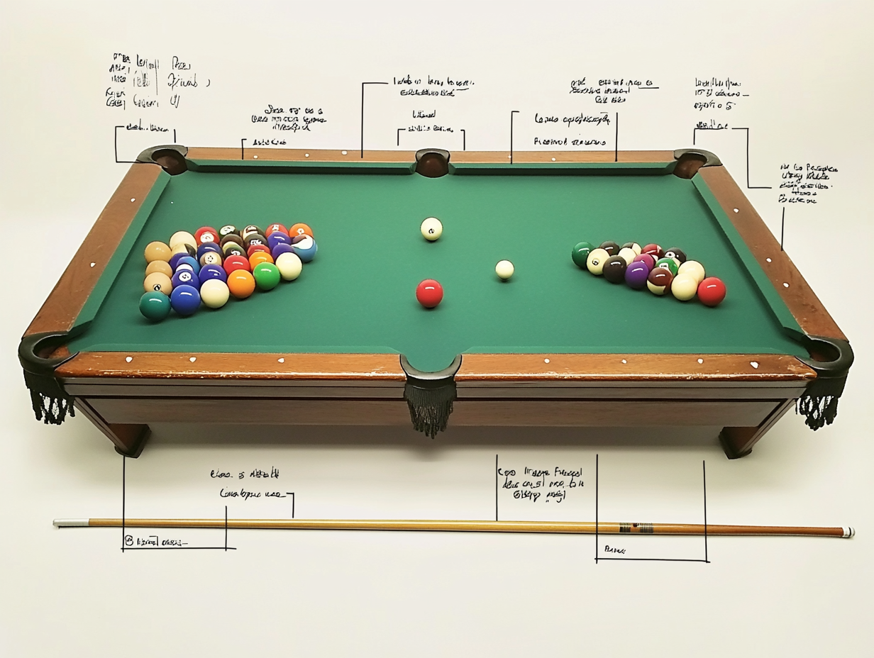 A high-quality photograph detailing a classic green pool table, complete with colored billiard balls arranged in a triangle. The cue stick rests on the side, ready for a game.