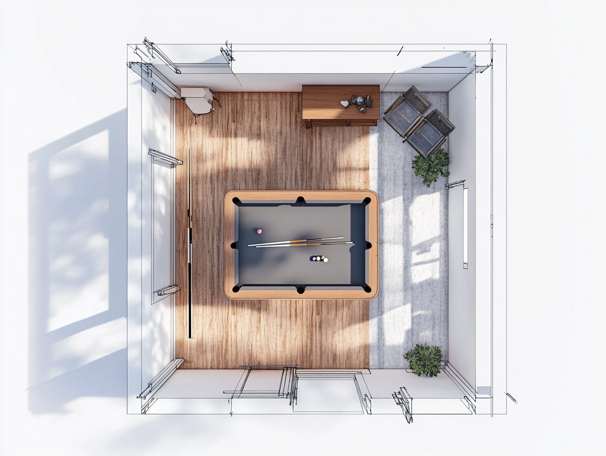 A floor plan of a room with a pool table perfectly placed, showing cue stick clearance around the table, architectural drawing style, clean lines, minimalist, overhead view